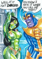 2d alien alien_girl alien_look_like_human avengers black_hair breasts curvy dialogue father_and_daughter female female_focus fishnet_bodysuit gamora green-skinned_female green_skin guardians_of_the_galaxy hair humanoid humor infinity_gauntlet joe_gravel large_breasts loincloth long_hair male marvel marvel_comics mockery purple purple-skinned_male sketch_card speech_bubble teasing text thanos tied