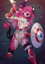 2020 absurd_res anthro armor belly blue_eyes breasts clothed clothing digital_media_(artwork) dragon elizabeth_bathory_(brave) elizabeth_bathory_(fate) fate/grand_order fate_(series) female genitals gloves hair handwear hi_res holding_object holding_weapon horn long_hair melee_weapon mostly_nude navel nipples open_mouth pink_body pink_hair pussy rtr scale scalie scantily_clad shield species_transformation sword tentacle tentacle_sex transformation video_games weapon