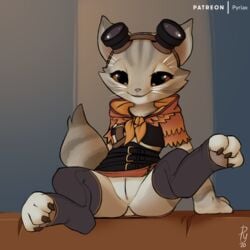 1:1 2020 anthro big_tail breasts capcom clothed clothing digital_media_(artwork) eyewear felid felyne female fur genitals goggles goggles_on_head grey_body grey_fur hood legwear lynian mammal monster_hunter orange_eyes palico partially_clothed presenting pussy pyriax sitting small_breasts smile solo spread_legs spreading thigh_highs video_games