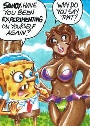 bikini bra brown_hair curvy dialogue female_focus furry humor joe_gravel nickelodeon sandy_cheeks sketch_card speech_bubble spongebob_squarepants spongebob_squarepants_(character) squirrel straight_hair surprised tail text top