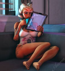 1girls ahsoka_tano alien alien_girl apartment asenak_(artist) bare_legs barefoot big_breasts bottomless breasts cleavage clone_wars clothed clothing coffee_mug drink drinking feet female female_focus female_only holding_drink holding_mug holding_object indoors mass_effect mug orange_skin pantless reading revealing_clothes shirt sitting sleeveless_shirt soles solo star_wars tattoo tattoos text toenails toes togruta watermark white_shirt white_toenails