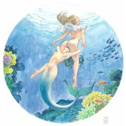 2girls anthozoan ass blonde_hair breasts clothing cnidarian coral cunnilingus duo female female/female female_on_humanoid female_only fish green_hair hair hi_res human human_on_humanoid humanoid interspecies looking_pleasured mammal marine merfolk milo_manara mostly_nude multiple_girls nipples nude open_mouth oral q1:1 sex traditional_media_(artwork) underwater underwater_sex vaginal_penetration water yuri