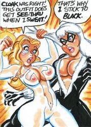 big_breasts black_cat_(marvel) blonde blonde_hair blue_eyes breasts cleavage cloak_and_dagger curvy dagger_(marvel) dialogue domino_mask erect_nipples face_markings felicia_hardy female_focus hair_pull humor joe_gravel large_breasts marvel marvel_comics navel nipples see_through sketch_card speech_bubble spider-man_(series) superheroine surprise surprised tandy_bowen text white_hair