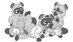 2020 anal animal_crossing anthro apron canid canine closed_eyes cub erection furry genitals group group_sex highres humanoid_genitalia humanoid_penis male mammal monochrome neenya nintendo oral penis raccoon_dog semi_incest sex shirt simple_background tanuki testicles threesome timmy_nook tom_nook tommy_nook topwear white_background yaoi young