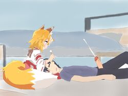 1boy 1girls animal_ears closed_eyes clothing cum cum_on_hair cumshot drooling ear_cleaning ejaculation fox_ears fox_girl fox_tail kemonomimi kitsune kitsunemimi orange_lover penis senko_(sewayaki_kitsune_no_senko-san) sewayaki_kitsune_no_senko-san yellow_eyes yellow_hair