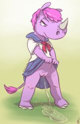 animal_crossing anthro bodily_fluids bottomwear clothed clothing clothing_lift conditional_dnp female genital_fluids genitals grumpyvulpix hair horn looking_down mammal nintendo peeing pink_hair pussy renee_(animal_crossing) rhinocerotoid short_hair skirt skirt_lift solo standing urine video_games watersports