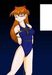 arms_behind_back asuka_langley_sohryu bikini blush bondage breast_bondage breasts crotch_rope erect_nipples humiliation kokuyousha medium_breasts neon_genesis_evangelion one-piece_swimsuit peeing swimsuit tear