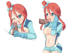 bad_id blue_eyes breasts censored cum cum_in_mouth fellatio female gym_leader human male nintendo no_bra open_mouth oral penis pokemon pokemon_bw red_hair skyla_(pokemon) straight yuno_(mioalice)