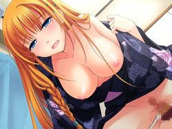 blue_eyes blush braid braids breasts censored clothed_sex cowgirl_position game_cg ginta large_breasts long_hair nipples orange_hair sex straddle sugar_+_spice