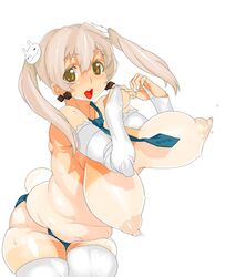 blonde_hair breasts brown_eyes bunny_tail fat feedme hanging_breasts highres huge_breasts large_breasts long_hair necktie nipples pixiv_manga_sample plump puffy_nipples resized tail thighhighs tied_hair twintails