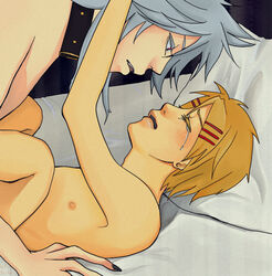 2boys anal bed blonde_hair blush closed_eyes collar finnian forced_yaoi hairclip kuroshitsuji male moaning multiple_boys nude pluto_(kuroshitsuji) rape silver_hair tamanegi_(artist) tear yaoi