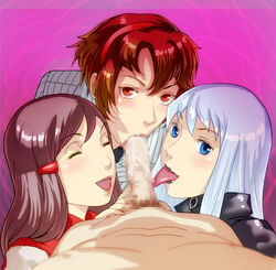 1boy 3girls :>= alpaca_rider atlus black_lipstick blue_eyes censored collaborative_fellatio devil_summoner fellatio female fffm_foursome foursome hitomi_tono_(megami_tensei) human light-skinned_female light-skinned_male light_skin lipstick male megami_tensei multiple_girls nemissa_(megami_tensei) nude oral pale_skin penis pov rei_reiho shin_megami_tensei short_hair teamwork unseen_male_face white_hair