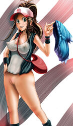 blush bottomless breasts brown_hair exposed_pussy female female_only game_freak hilda_(pokemon) holding_object holding_shorts holding_with_one_finger human jeans nintendo nipple_bulge nipples nipples_visible_through_clothing no_panties pokemon pokemon_bw ponytail pussy see-through shaved_pussy shorts smile solo taguchi_takahiro tied_hair uncensored