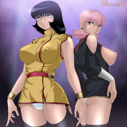 2006 2girls ass back-to-back back_to_back black_hair breasts earrings earth_federation fa_yuiry female garter_belt green_eyes gundam human jewelry large_breasts light-skinned_female light_skin looking_back military military_uniform multiple_girls nipples panties pink_hair purple_eyes sarah_zabiarov short_hair sideboob sleeveless stockings thighhighs underwear uniform upskirt wancozow zeta_gundam