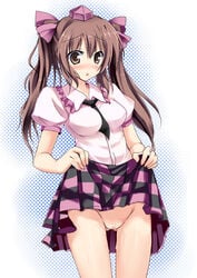 1girls blush breasts brown_eyes brown_hair censored checkered checkered_skirt female hat hatate_himekaidou midori-shiki necktie no_panties pussy pussy_juice skirt skirt_lift solo tied_hair tokin_hat touhou twintails