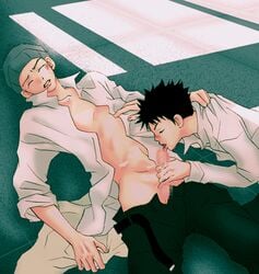 2boys hanai_azusa lowres male multiple_boys ookiku_furikabutte oral penis tajima_yuuichirou yaoi