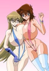 2girls alexis_rhodes asymmetrical_docking big_breasts breasts cleavage dark_skin female female_only huge_breasts human long_gloves multiple_females multiple_girls nipples sling_bikini smile swimsuit tea_gardner thighhighs yu-gi-oh! yu-gi-oh!_gx yuri zahkey