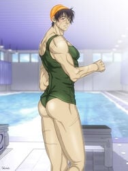 androgynous ass crossdressing human indoors male male_only muscle pumpkin_scissors randal_orlando scar side_view solo swimsuit