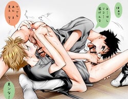 2boys 69 abe_takaya anal anal_fingering anus ass black_hair blush bottomless brown_hair censored fellatio fingering gay human lowres male male_only mihashi_ren multiple_boys ookiku_furikabutte open_mouth oral penis pubic_hair short_hair spread_anus sweat testicles text yaoi