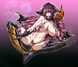 female boots breasts broom_riding cape finger_to_mouth flower flying hat high_boots huge_breasts long_gloves long_hair original penis penis-shaped_object purple_hair q_azieru revealing_clothes rose sling_bikini solo swimsuit thigh_boots thighhighs very_long_hair