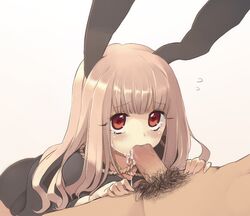 blush brown_eyes brown_hair bunny_ear censored cum cum_in_mouth fellatio long_hair monorino oral original penis pointless_censoring pubic_hair red_eyes rope solo tear