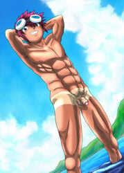 daisuke_motomiya day digimon digimon_adventure_02 flaccid goggles human male male_only muscles outdoors penis solo tan tanline