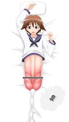 1futa bed brown_hair censored clothing cum ejaculation futanari highres miyafuji_yoshika monophallia nullbrainz penis penis_body pointless_censoring school_uniform short_hair solo solo_focus strike_witches tear transformation what