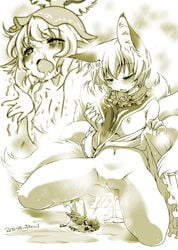 2girls animal_ears bird blush bottomless breast_grab breasts cum cumdrip fox_ears fox_tail golden_shower hat ikuta_takanon monochrome multiple_girls mystia_lorelei mystia_lorelei_(bird) no_panties nude peeing ran_yakumo self_fondle size_difference tail text touhou wet zoophilia