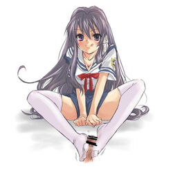 artist_request bar_censor blush bow censored clannad cleavage clothing feet female footjob footjob_with_legwear fujibayashi_kyou legwear long_hair male penis purple_eyes purple_hair school_uniform schoolgirl sitting skirt small_penis spread_legs stockings thighhighs thighs tongue tongue_out very_long_hair white_legwear white_thighhighs zettai_ryouiki