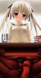 blush cum feet female footjob footjob_with_legwear japanese_text kotatsu legwear male penis sitting small_breasts sneaky_sex stealth stealth_sex stockings text thighhighs under_the_table white_hair yosuga_no_sora