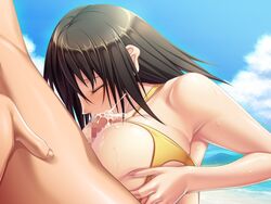 beach bikini breasts brown_hair censored closed_eyes cum cum_in_mouth female huge_breasts kozue_nanba male okaa-san_ga_ippai paizuri penis straight swimsuit