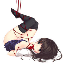 1girls arms_behind_back black_hair blush bondage breasts face feet female itou_nanami long_hair lying nipples no_bra on_back open_clothes original panties pink_panties school_uniform skindentation skirt solo thighhighs underwear