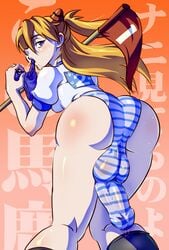 1futa ass asuka_langley_sohryu balls_in_panties black_legwear black_socks blue_eyes blue_panties blush body_blush breasts bulge cameltail clothed clothing cock-tail cum fat_mons flag footwear futa_only futanari gainax gym_uniform hair hair_ornament highres human impossible_clothes intersex large_penis large_testicles light-skinned_futanari light_skin long_hair looking_back mikoyan neon_genesis_evangelion orange_hair panties penis pink_background precum shirt skin_tight socks solo solo_futa striped striped_panties sweat text underwear wet