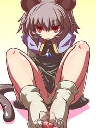 animal_ear annoyed feet flat_gaze footjob footjob_with_legwear grey_hair hakika loose_socks male mouse mouse_ears mouse_tail nazrin no_shoes penis pov precum red_eyes sockjob socks tail toe_socks toes touhou tsurime