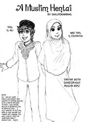 1boy 1futa dickgirl femboy futanari grilled_kambing hijab hijab_futa intersex male monochrome original