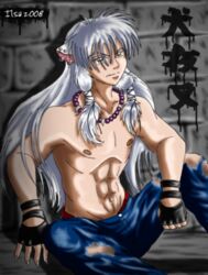 1boy 2008 animal_ears clothes earrings front_view grey_hair ilsa inuyasha inuyasha_(character) male male_only muscle necklace sitting solo torn_clothes