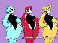 3girls aabramsart animated ass avian avian_humanoid beak bird bird_girl blue_eyes blue_fur blue_hair bodysuit breasts cleavage feathers fit fit_female furry hands_on_hips hourglass_figure loop looping_animation original original_character pink_eyes red_fur side_to_side slim_waist swaying swaying_hips tagme thick_thighs tied_hair video voluptuous wide_hips yellow_eyes yellow_fur