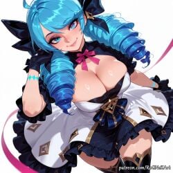 1girl 2026 ahoge ai_generated anime bangs black_bow black_gloves black_thighhighs blue_eyes blue_hair boobs bow breasts cleavage closed_mouth crossover dress drill_hair eye_contact female female_focus gloves gwen_(league_of_legends) hair_bow handwear highres huge_breasts large_breasts league_of_legends long_hair looking_at_viewer neutral_expression nsfw patreon pigtails puffy_short_sleeves puffy_sleeves riot_games rognezart shiny shiny_hair shiny_skin short_sleeves simple_background smile smiling solo thighhighs twin_drills twintails very_long_hair white_background white_dress