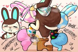 anal animal_crossing anthro big_butt blonde_hair blue_body blue_plate_special blush bottomless brown_body butt carmen_(animal_crossing) chrissy_(animal_crossing) clothed clothing dress english_text eyes_closed female female/female francine_(animal_crossing) group hair hi_res huge_butt lagomorph leporid mammal nintendo onomatopoeia oral pink_body rabbit riaplusone rimming sex sibling_(lore) sister_(lore) sisters_(lore) sound_effects text thick_thighs trio wide_hips