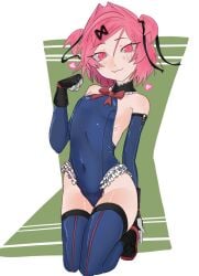 1girl aegyo_sal arm_behind_back backless_leotard bare_shoulders black_gloves black_ribbon black_shoes black_thighhighs blush bob_cut border bow bowtie breasts clenched_hand commentary cosplay dead_or_alive dead_or_alive_xtreme dead_or_alive_xtreme_venus_vacation doki_doki_literature_club elbow_gloves english_commentary exspiravitbag eyelashes fang frilled_leotard frills full_body gloves green_background hair_between_eyes hair_intakes hair_ornament hair_ribbon halterneck hand_up head_tilt heart highleg highleg_leotard kneeling layered_gloves leotard looking_at_viewer marie_rose marie_rose_(cosplay) marie_rose_(devilish_servant_against_the_splashing_waves) natsuki_(doki_doki_literature_club) outside_border pink_eyes pink_hair red_bow red_bowtie red_trim ribbon shoes short_hair single_vertical_stripe skin_fang slit_pupils small_breasts smile solo strapless strapless_leotard swept_bangs thighhighs two_side_up white_border x_hair_ornament