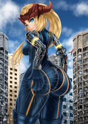 bel_(beltorchika12) beltorchika12 hasegawakein blue_eyes blonde_hair blonde_female headpiece bodysuit blue_bodysuit gold_trim barefoot city_background giantess macro macro_female giant_female destruction tiny_male micro micro_male shockwaves bouncing_off_ass bounce crumbling crumbling_buildings smug ass ass_focus big_butt rear_view