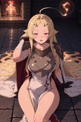 1girl ahoge ai_generated arm_wrap bandaged_arm bandaged_hands bandaged_leg bandages blonde_hair blush breasts cape dress fire hair_ornament hairclip hi_res high_quality high_resolution kiraamane lantern large_breasts long_hair looking_at_viewer open_mouth parted_bangs patreon pelvic_curtain questionable red_eyes sarashi seductive sexy sfw sitting sleeveless solo teoritta thighs uncensored very_long_hair watermark