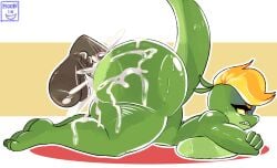 lira_(joaoppereiraus) moonix_xero sweat cum cum_inside cum_on_ass huge_breasts huge_ass lizard green_body blonde_hair angry_face angry angry_expression anthro male female male/female 1male 1female male_penetrating_female tail lying_on_stomach