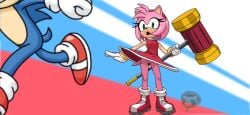 amy_rose anthro blue_body boots bracelet clothed clothing dress duo eulipotyphlan female footwear genitals gloves green_eyes hammer handwear hedgehog jewelry male mammal no_underwear pink_body sega shoes sonic_(series) sonic_the_hedgehog sonic_the_hedgehog_(series) tail tan_body tan_skin tools vulva witchchylde