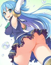 10s aqua_(konosuba) armpits arms_at_sides ass bare_shoulders blue_eyes blue_hair blush breasts commentary cowboy_shot detached_sleeves dutch_angle erect_nipples female from_behind hair_bobbles hair_ornament hair_rings kono_subarashii_sekai_ni_shukufuku_wo! long_hair looking_at_viewer looking_back medium_breasts no_panties open_mouth running simple_background skirt smile solo tam-u thighhighs very_long_hair water water_drop white_background