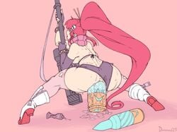 1girl 1girls absurdly_long_hair ahe_gao anal anal_destruction anal_masturbation anal_object_insertion anal_sex ankle_boots anti-materiel_rifle anus artist_name ass back big_ass bikini bikini_top_only black_shorts boots breasts bullet clothed_masturbation clothing_aside commentary demimond23 detached_sleeves dildo dildo_sitting english_commentary female female_masturbation female_only fingerless_gloves flat_color from_behind gloves gun hair_ornament hair_stick high_heel_boots high_heels large_insertion long_hair lube masturbation medium_breasts object_insertion open_mouth panties panties_aside penetration pink_background pink_thighhighs plantar_flexion ponytail red_hair rifle rolling_eyes scarf short_shorts shorts shorts_aside sideboob single_detached_sleeve skull_hair_ornament sniper_rifle solo squatting studded_bracelet swimsuit tengen_toppa_gurren_lagann thick_thighs thighhighs thighs tongue torn_clothes torn_thighhighs uncensored underwear very_long_hair weapon wide_spread_legs yoko_littner zipper