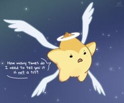 6:5 ambiguous_gender angry black_eyes breasts dialogue digital_media_(artwork) english_text feathered_wings feathers genitals halo hi_res hoshi_(idwtbamg) living_star nipples not_furry open_mouth pretty_pretty_please_i_don't_want_to_be_a_magical_girl pseudo-breasts pussy simple_background solo text toony unusual_anatomy unusual_breast_placement unusual_genitalia waddling_head wings yellow_body yellow_nipples zeklullaby