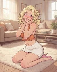 1girls 2d ai_generated big_breasts blonde blonde_female blonde_hair blue_eyes blush blushing busty halter_top hands_on_cheeks heels kneeling living_room long_hair miniskirt orange_topwear pink_heels skirt wavy_hair white_skin white_skirt