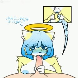 alternate_universe angel angel_halo animated anthro bent_legs blue_eyes blue_hair blue_nipples blue_pupils blue_tongue blue_vulva carpet cyn_(heavensyuri) dialogue duo felid feline female fur genitals hair halo handjob heavensyuri hi_res human humanoid humanoid_genitalia humanoid_penis hybrid image_bubble kneeling kneeling_on_ground kneeling_oral_position licking male male/female mammal multicolored_body multicolored_fur nipples penile penis pupils sex tail tongue tongue_out undertale_(series) undertale_au vulva whiskers white_body white_fur yellow_body yellow_fur yuri_(heavensyuri)