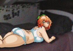 1girls ass big_ass bra chetoh female female_focus female_only green_bow green_eyes hair human humanized laying_on_bed laying_on_stomach looking_at_viewer looking_back looking_back_at_viewer mandy_(chetoh) oc orange_hair orange_hair_female original original_character panties photo_background pout pouting rear_view tired tired_expression tired_look underwear white_bra white_panties white_underwear